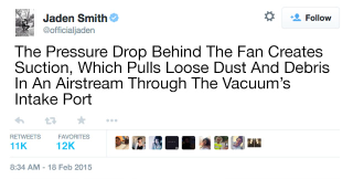 Illustration for article titled Say What You Will About Jaden Smith, But His Latest Tweets Show He’s Got A Pretty Strong Grasp On How Vacuum Cleaners Work